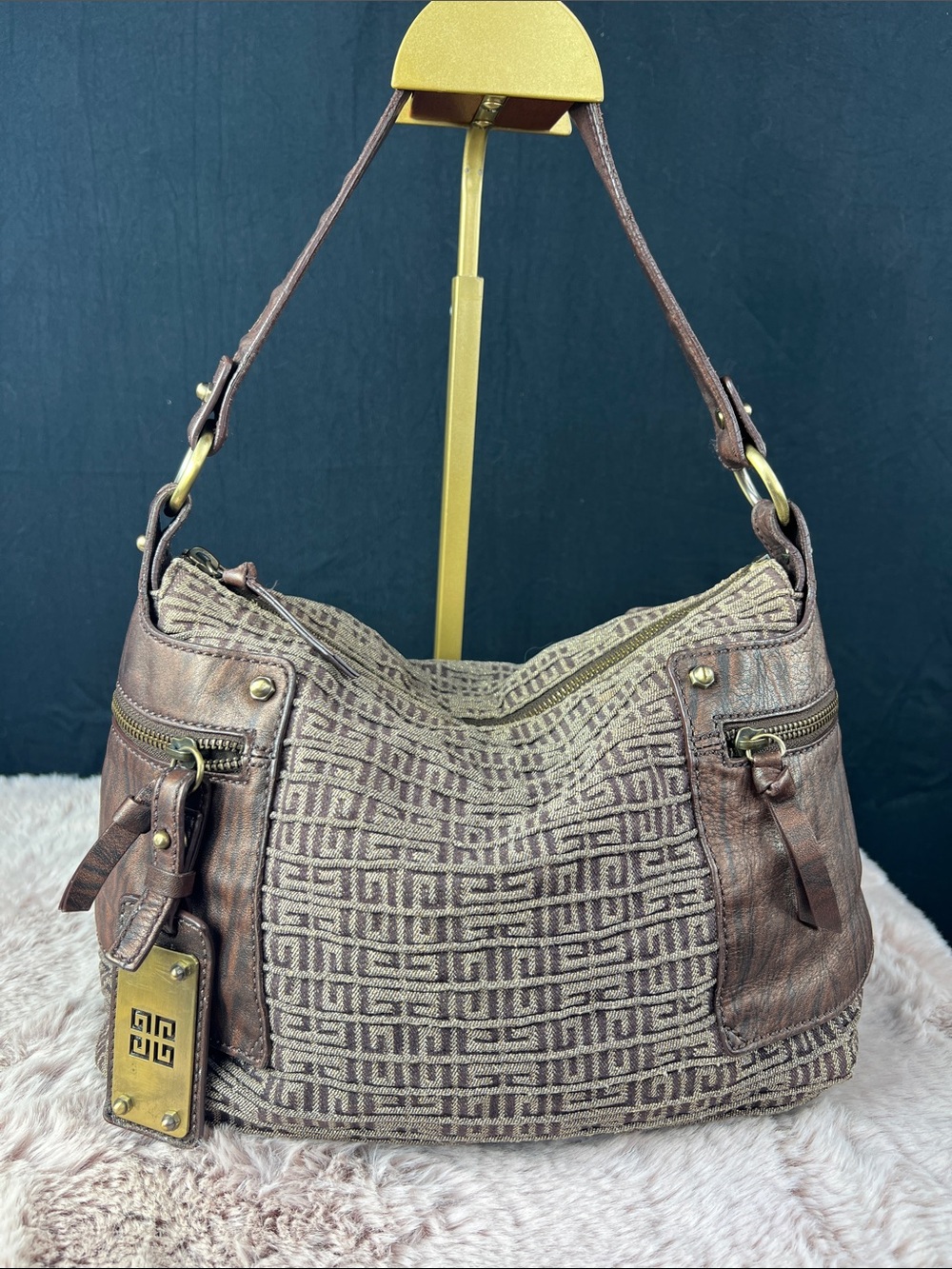 Givenchy Vintage 4G Monogram Gold Lurex Jacquard Metallic Bronze Leather Hobo